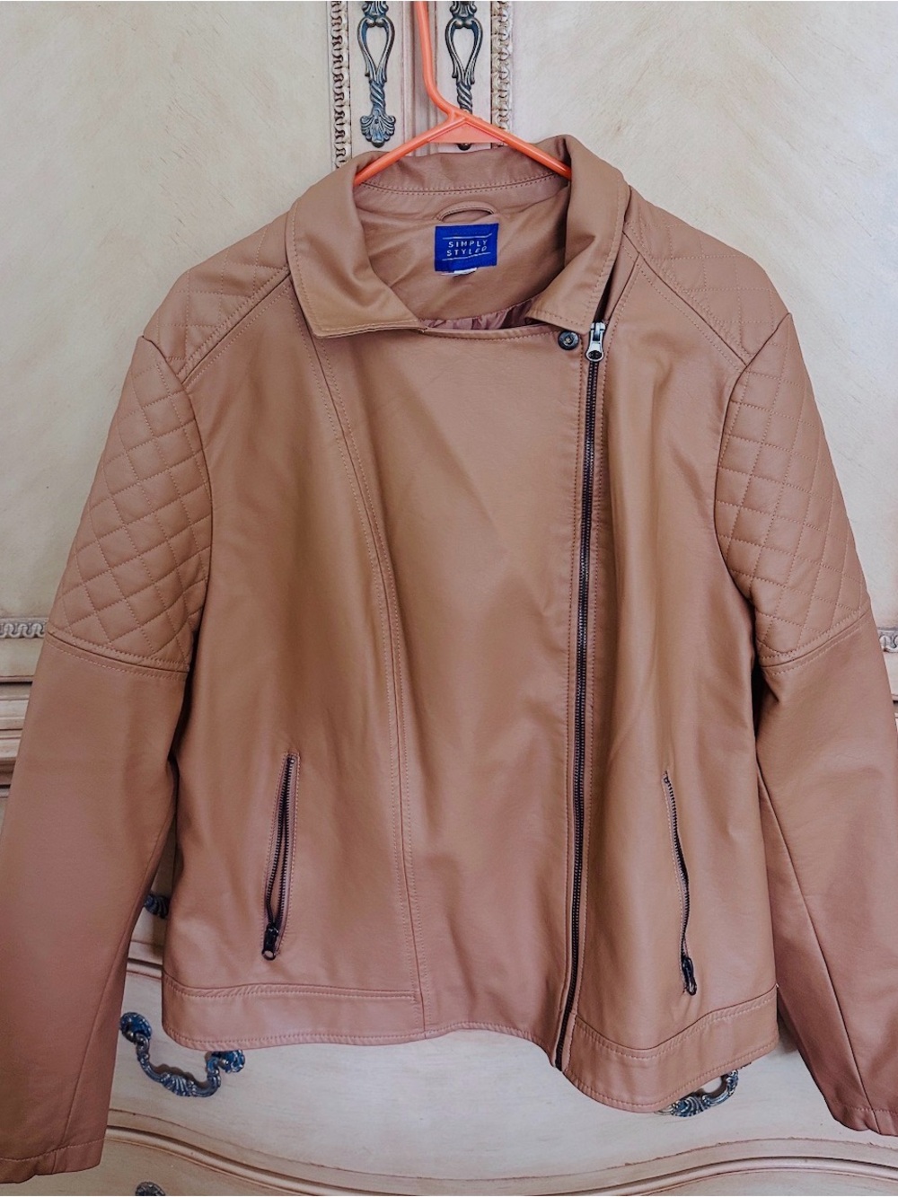 Simply Styled Cognac Faux Leather Quilted Moto Jacket 1X